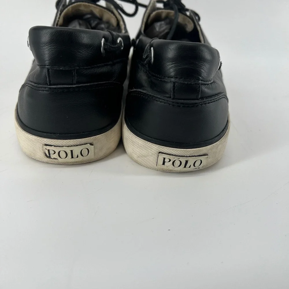 Polo Ralph Lauren Sander Mens 14D Black Leather Boat Shoes Sneakers 0200001087‎